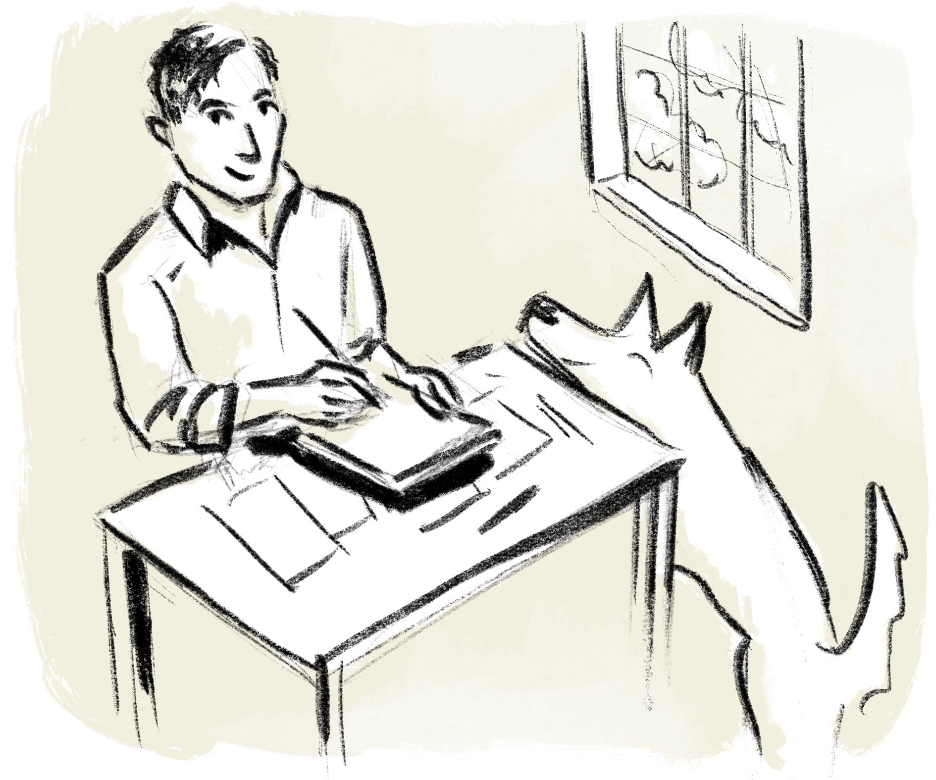 A charcoal-style sketch of David at a desk writing in a notebook, with a large dog looking up at him